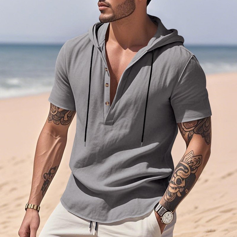 Casual Breathable Linen Hooded Henley Shirt With Short Sleeves Men's Shirt Breathable Comfortable Spring Summer Fashion Basic Color Streetwear - Image 9