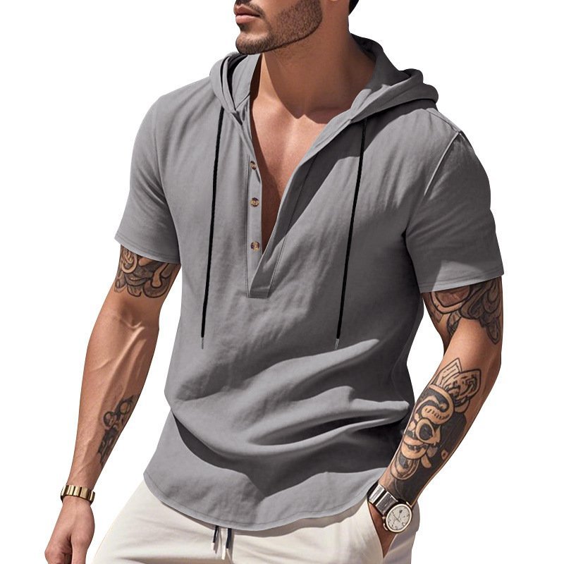Casual Breathable Linen Hooded Henley Shirt With Short Sleeves Men's Shirt Breathable Comfortable Spring Summer Fashion Basic Color Streetwear - Image 5