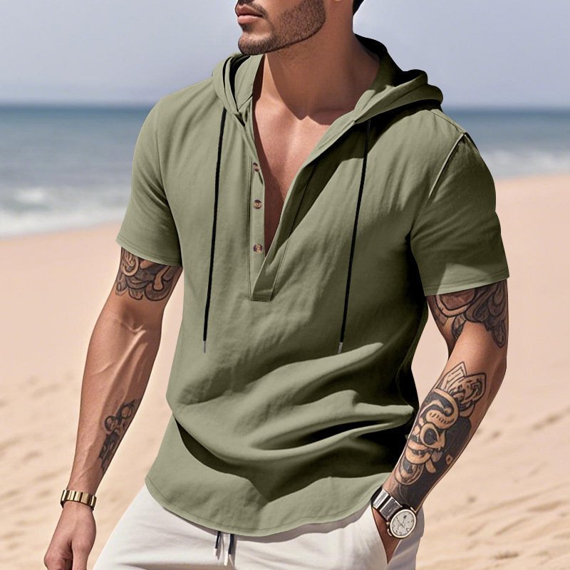 Casual Breathable Linen Hooded Henley Shirt With Short Sleeves Men's Shirt Breathable Comfortable Spring Summer Fashion Basic Color Streetwear - Image 10