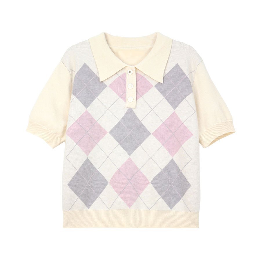 Women's Retro Diamond Polo Collar Short Sleeve Tshirt - Image 5