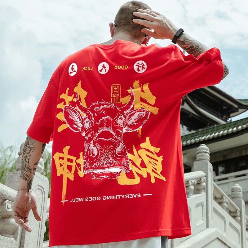 Red Shortsleeved Tshirt Men's Ins Plus Size Couple Wear Cotton Loose Half Top - Image 4