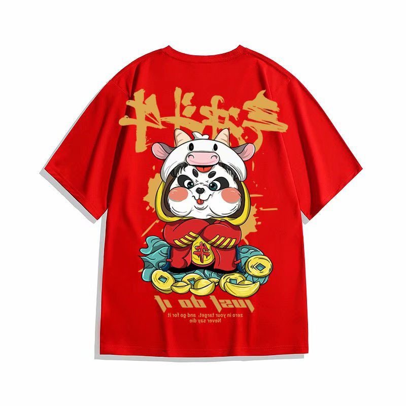 Red Shortsleeved Tshirt Men's Ins Plus Size Couple Wear Cotton Loose Half Top - Image 5