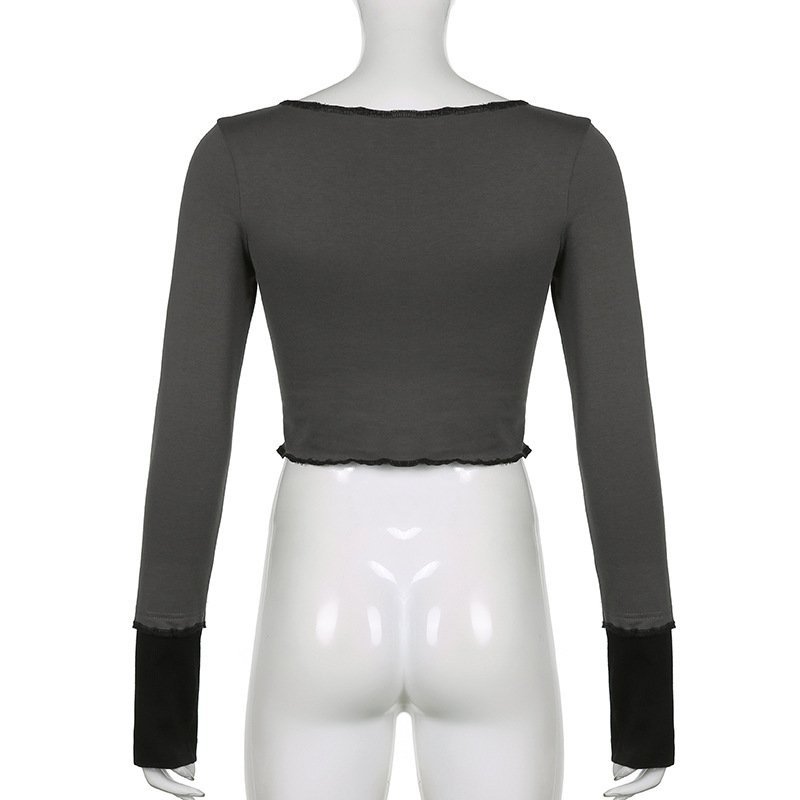 Heart Print Wavy Crew Neck TShirt Slim Fit Cropped Navel Grey Long Sleeve Top - Image 2