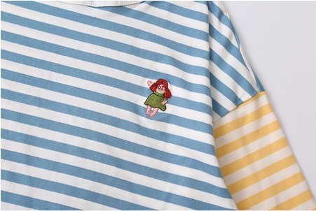 Casual Loose Women Striped T-shirt Spell Color Muppet Embroidery O Neck Three Quarter Sleeve Femme Loose Tshirt Tees Tops Cotton - Image 3