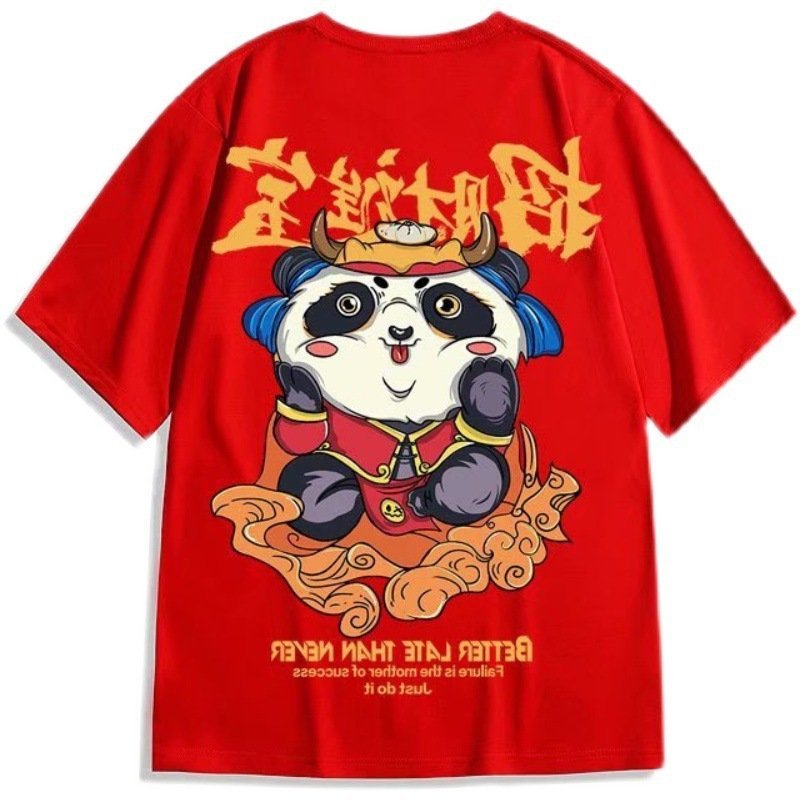 Red Shortsleeved Tshirt Men's Ins Plus Size Couple Wear Cotton Loose Half Top - Image 6