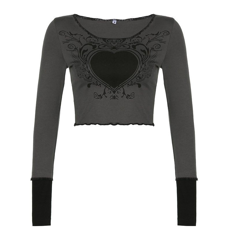 Heart Print Wavy Crew Neck TShirt Slim Fit Cropped Navel Grey Long Sleeve Top - Image 5