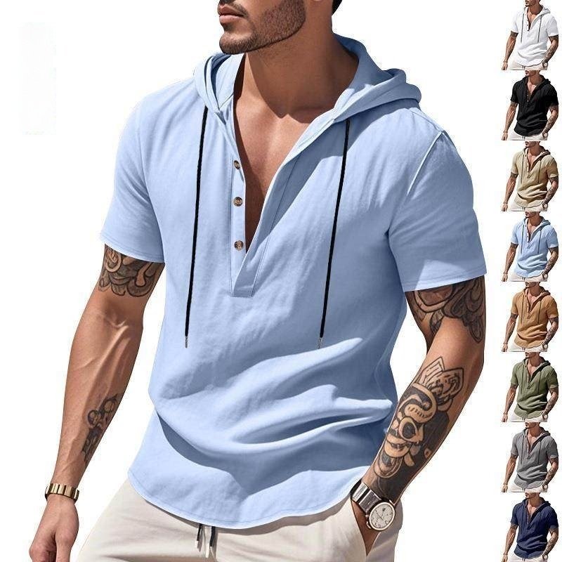 Casual Breathable Linen Hooded Henley Shirt With Short Sleeves Men's Shirt Breathable Comfortable Spring Summer Fashion Basic Color Streetwear