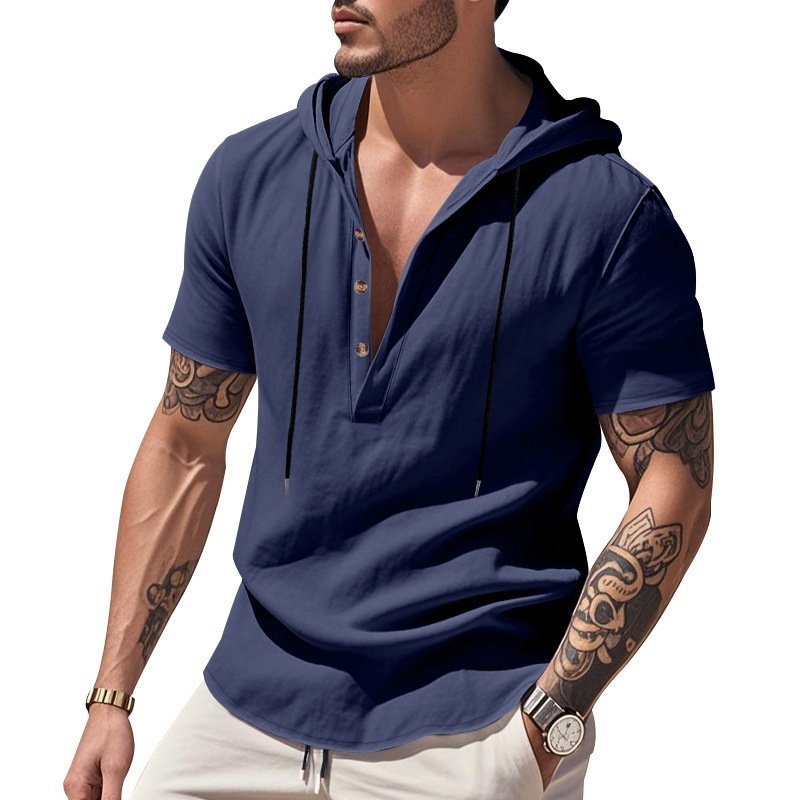 Casual Breathable Linen Hooded Henley Shirt With Short Sleeves Men's Shirt Breathable Comfortable Spring Summer Fashion Basic Color Streetwear - Image 3