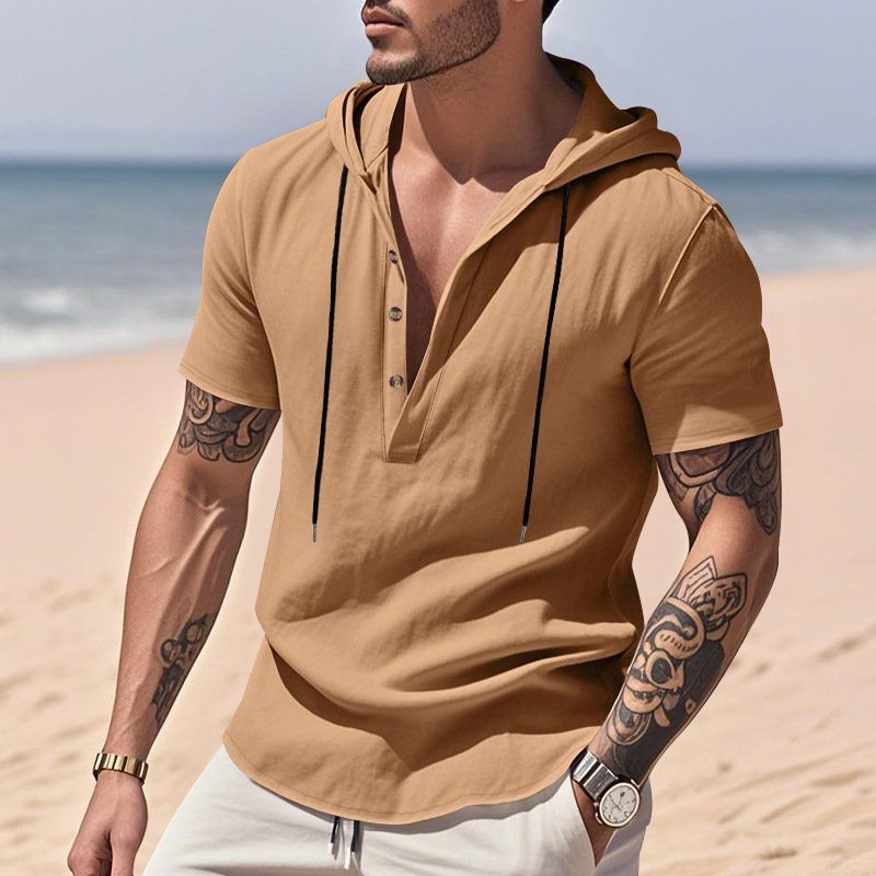 Casual Breathable Linen Hooded Henley Shirt With Short Sleeves Men's Shirt Breathable Comfortable Spring Summer Fashion Basic Color Streetwear - Image 7