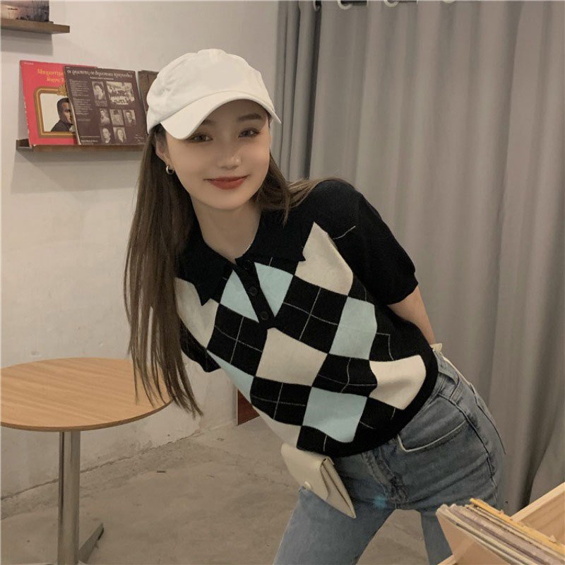 Women's Retro Diamond Polo Collar Short Sleeve Tshirt - Image 4