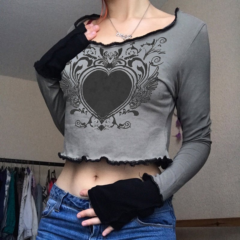 Heart Print Wavy Crew Neck TShirt Slim Fit Cropped Navel Grey Long Sleeve Top - Image 4