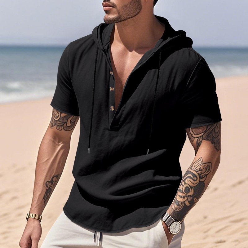 Casual Breathable Linen Hooded Henley Shirt With Short Sleeves Men's Shirt Breathable Comfortable Spring Summer Fashion Basic Color Streetwear - Image 8