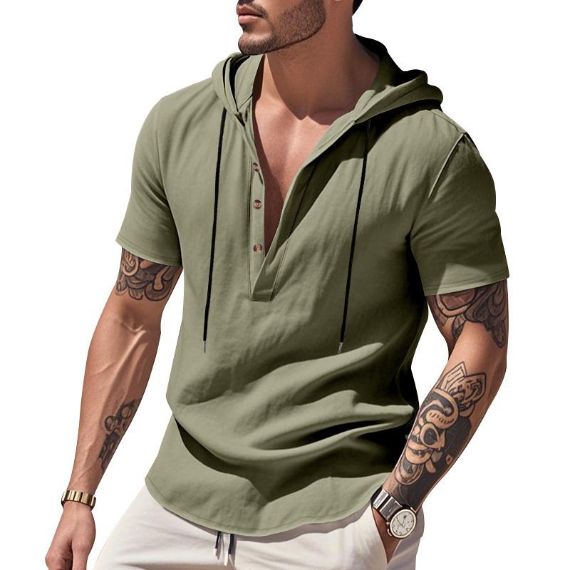 Casual Breathable Linen Hooded Henley Shirt With Short Sleeves Men's Shirt Breathable Comfortable Spring Summer Fashion Basic Color Streetwear - Image 6