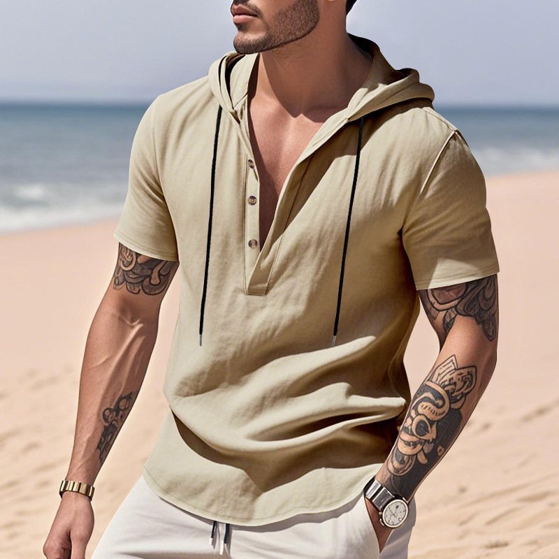 Casual Breathable Linen Hooded Henley Shirt With Short Sleeves Men's Shirt Breathable Comfortable Spring Summer Fashion Basic Color Streetwear - Image 2